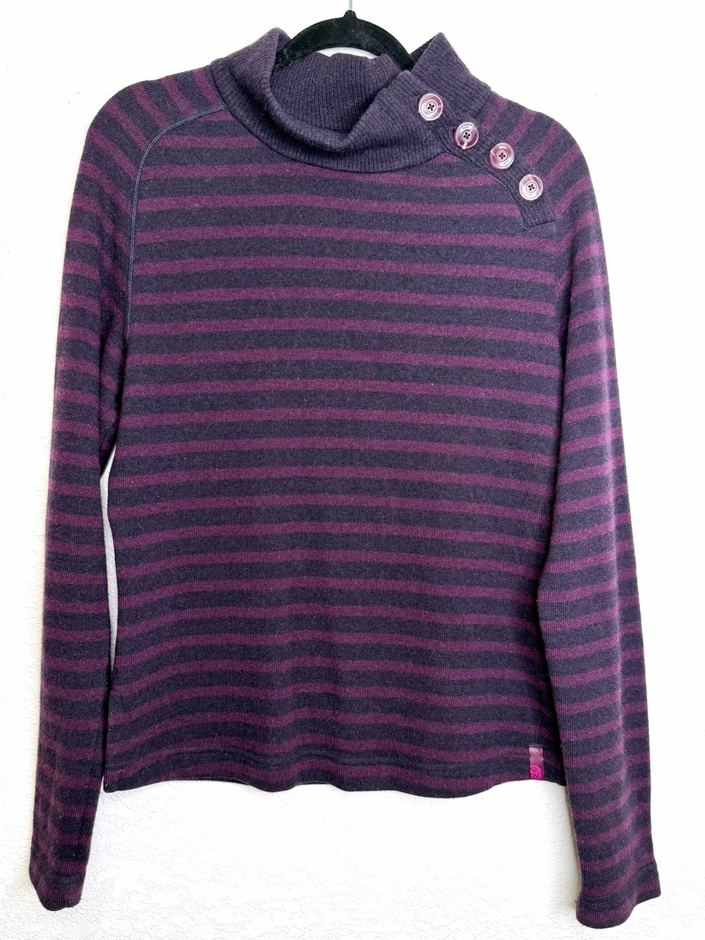 Mountain Hardwear Wool Blend Striped Sweater Womens L Purple Mock Neck Buttons